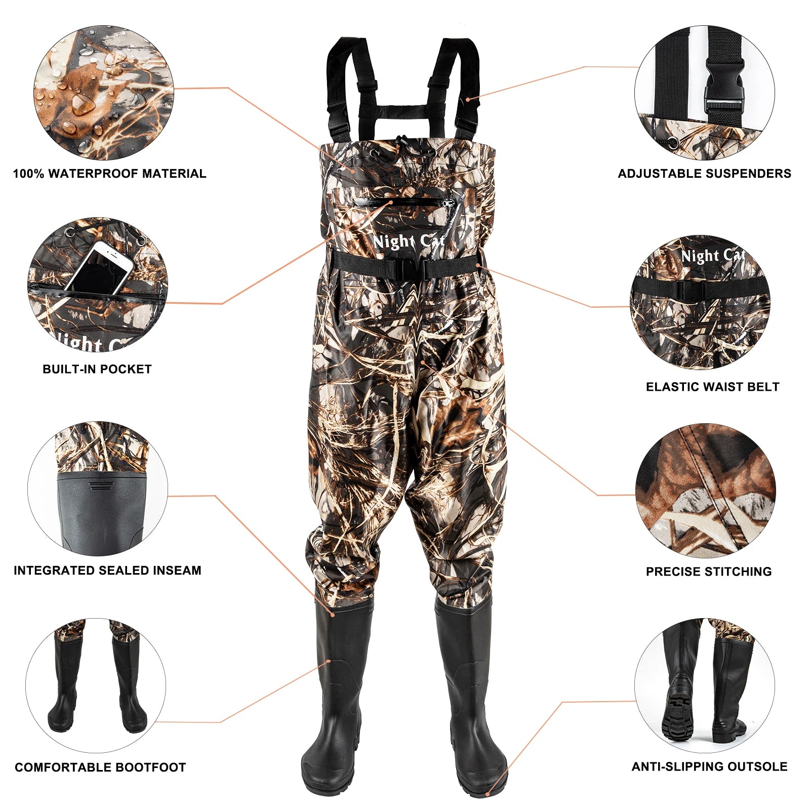 Night Cat Fishing Wader for Men Women Waterproof Hunting Nylon Chest Wader with Boots Belt Breathable Lightweight - R & R Innovations